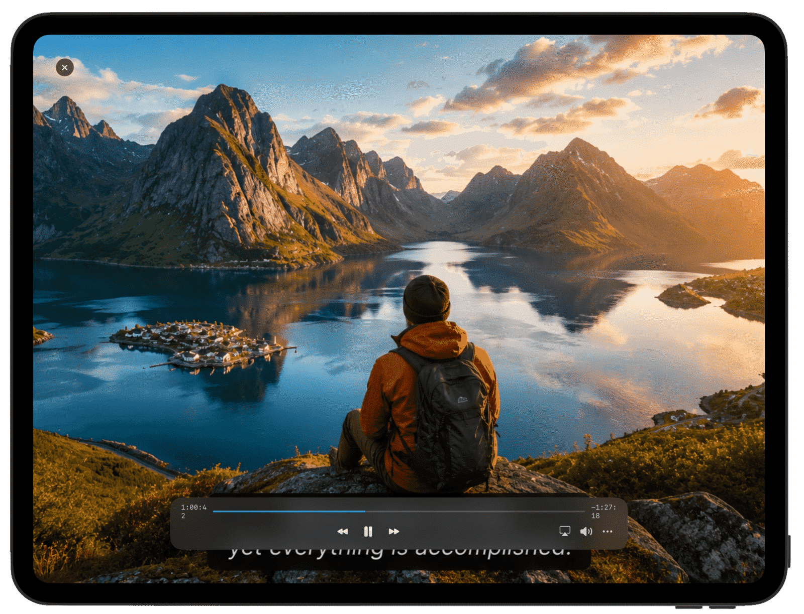Veuo landscape player on iPad with playback controls
